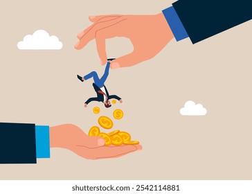 Big greed businessmen steal money from small businessman. Modern vector illustration in flat style