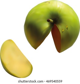 Big green apple and a small piece of apple