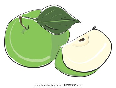 A big green apple with a small slice near it vector color drawing or illustration