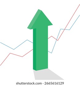 Big green arrow pointing up, followed by two rising line graphs, representing optimism, progress, growth, and business profit