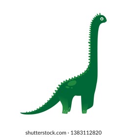 Big green cartoon dinosaur drawing for kids, cute dino with long neck and spikes smiling. Flat vector illustration for children isolated on white background