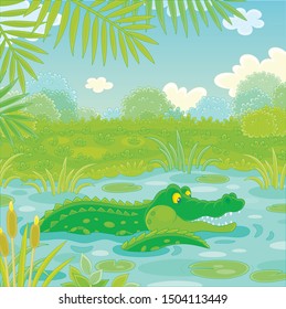 Big green crocodile swimming in blue water of a lake under palm branches in tropical jungle, vector illustration in a cartoon style
