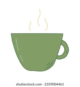 Big green cup with hot drink, tea or coffee, steam over cup, vector