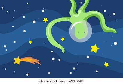 Big green cute flying octopus with space helmet in deep blue space galaxy with stars. Simple vector kids illustration for toddlers and children. Galactic landscape background. Happy animal