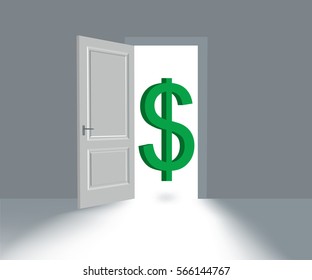 Big Green Dollar Mark soars in doorway.  Profit Business.