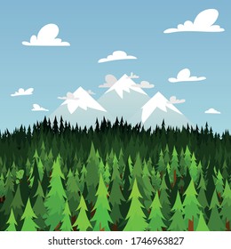 Big green forest with mountains and blue sky. Woods trees landscape vector illustration.