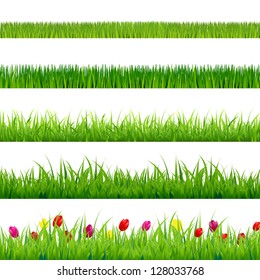 Big Green Grass And Flowers Set With Gradient Mesh, Isolated On Red Background, Vector Illustration