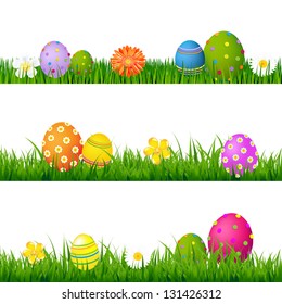 Big Green Grass Set With Flowers And Easter Eggs