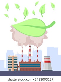 Big green leaf covering smoke of factory vector illustration. Eco-friendly manufacturing, protecting environment concept