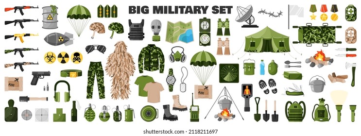 Big Green Military Set With Soldier Uniform, Khaki Camouflage, Army Equipment, Weapons, Assault Rifle, Etc. Military Concept For Army, Soldiers And War. Vector Cartoon Isolated Illustration.