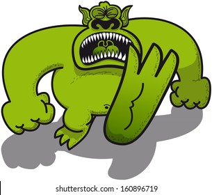 Big green monster with pointy ears and sharp teeth while walking decidedly, making a big step and expressing all his deep anger by shouting and clenching his eyes and fists