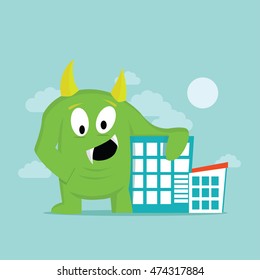Big Green Monster in a Town. Vector Illustration