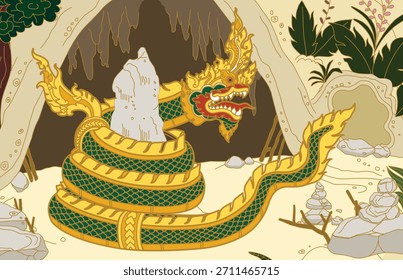 Vor der Höhle ist eine große grüne Naka. Es sind ein paar kleine Bäume um sie herum. Dies ist ein thailändisches Kunstgemälde in gelber Stimmung.