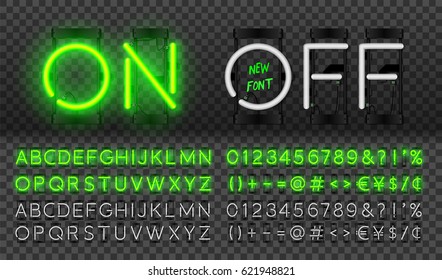 Big green neon set glowing alphabet with numbers and punctuation marks. Vector On, Off lamp isolated on transparent background.