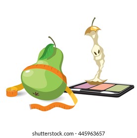 Big green pear and glamour stub pears. Two types of female figures. Vector illustration