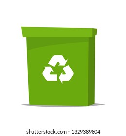Big green recycle garbage can with recycling symbol on it. Trash bin in cartoon style. Recycling trash can. Vector illustration