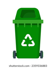 Big green recycle garbage can with recycling symbol on it. Trash bin in cartoon style. Recycling trash can. Vector illustration