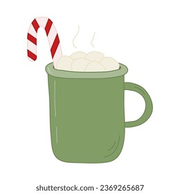 Big green retro cup with hot chocolate, marshmallow and candy cane, doodle style flat vector