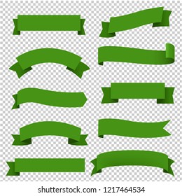 Big Green Ribbons Set Transparent Background, Vector Illustration