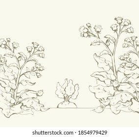 Big green row grass thorn burdock bloom outdoor yard scene outline black hand drawn farmer root eco bio turnip seed eat fight sign icon symbol. Closeup scenic view retro art doodle line sky text space
