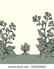 Big green row grass thorn burdock bloom outdoor yard scene outline black hand drawn farmer root eco bio turnip seed eat fight sign icon symbol. Closeup scenic view retro art doodle line sky text space