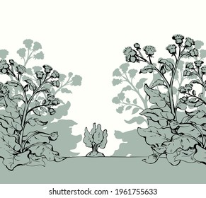 Big green row grass thorn burdock bloom outdoor yard scene outline black hand drawn farmer root eco bio turnip seed eat fight sign icon symbol. Closeup scenic view retro art doodle line sky text space