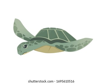 Big green sea turtle cartoon cute animal design ocean tortoise swimming in water flat vector illustration isolated on white background