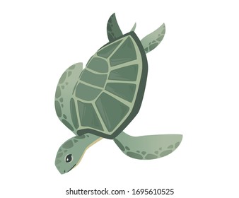 Big green sea turtle cartoon cute animal design ocean tortoise swimming in water flat vector illustration isolated on white background