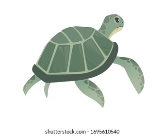 Big green sea turtle cartoon cute animal design ocean tortoise swimming in water flat vector illustration isolated on white background