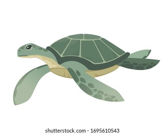 Big green sea turtle cartoon cute animal design ocean tortoise swimming in water flat vector illustration isolated on white background