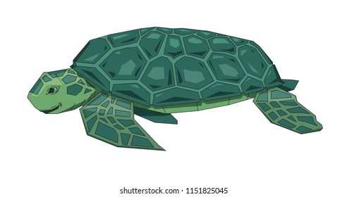Big green sea turtle, flat Earth concept. Flat line vector illustration. Colored cartoon style, isolated on white background.