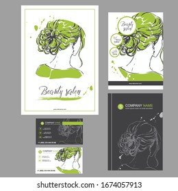 Big green set of hand drawn templates for card, flyer, poster, brochure and leaflet design Fashion illustration with woman fits for fashion shop, magazine, spa salon, hairdresser salon Vector graphic