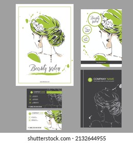 Big green set of hand drawn templates for card, flyer, poster, brochure and leaflet design. Fashion illustration with woman fits for fashion shop, magazine, spa salon, hairdresser salon Vector graphic