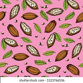 Big green theobroma foliage set on vibrant rose magenta fond. Bright color hand drawn menu object logo sign icon design sketchy in art modern doodle cartoon style on red wrapping paper. Closeup view
