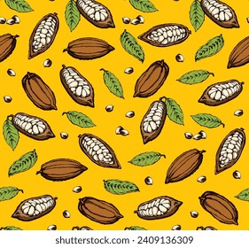 Big green theobroma foliage set on vibrant yellow fond. Bright color hand drawn menu object logo sign icon design sketchy in art modern doodle cartoon style on wrapping paper. Closeup view