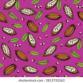 Big green theobroma foliage set on vibrant purple fond. Bright color hand drawn menu object logo sign icon design sketchy in art modern doodle cartoon style on wrapping paper. Closeup view