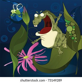 The big green toad  and a fly. Cartoon