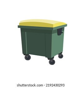 Big green trash can on white background in cartoon style.