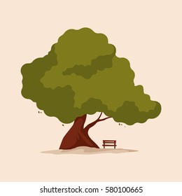 Big green tree. Bench under the tree. Vector illustration. Nature, loneliness.