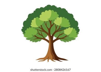 Big green tree with branches and roots vector illustration isolated on white background
