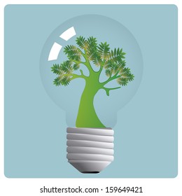 a big green tree with leaves inside a transparent lightbulb