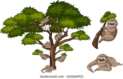 Big green tree and many slothes on the branches illustration