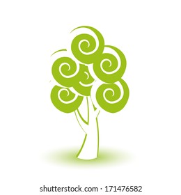 a big green tree with some spiral clouds as leaves