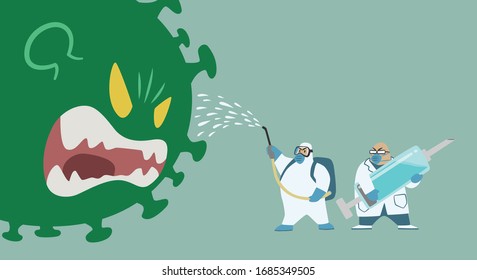 Big Green Virus monster fighting with Medical team in protective suit and Doctor holding blue Syringe.Vector illustration cartoon covid-19 corona virus.Epidemic disease concept.