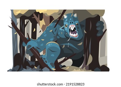 Gran ilustración del vector del troll de bosque enojado gris. La criatura del bosque rompe el estilo plano del árbol. Viviente forestal incontrolada, destruyendo el concepto