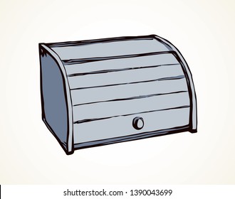 Big grey bamboo plank breadbin lid design on white tabletop board backdrop. Bright blue silver color hand drawn object logo emblem in art retro scribble style. Isometric view with space for text