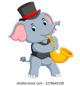 the big grey elephant uses the black hat and playing the trumpet