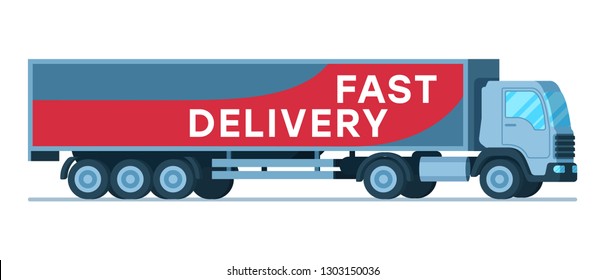 Big Grey Fast Delivery Shipping Company Truck. Warehouse Human-Driven Express Transportation Device. Side View of Supply Van with Title. Depot Transport. Flat Cartoon Vector Illustration