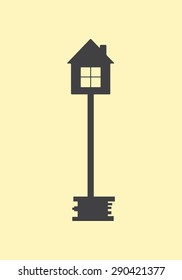 Big grey old style key with house on top. Logo template, design element