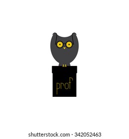Big grey owl with large eyes in old-fashioned round spectacles sitting on black cathedra with yellow lettering prof on it. Flat style illustration isolated on white background